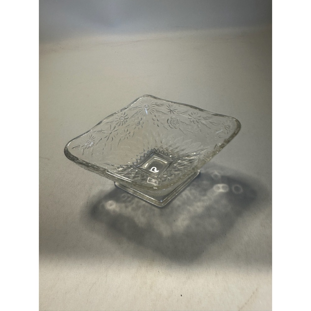Vintage Indiana Glass Pineapple & Floral Clear Diamond Shape Footed Compote Bowl